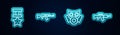 Set line Military reward medal, Submachine gun, Gas mask and M16A1 rifle. Glowing neon icon. Vector