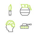 Set line Military tank, Army soldier, Hand grenade and knife icon. Vector