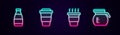 Set line Milk bottle, Coffee cup to go, and pot. Glowing neon icon. Vector