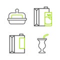 Set line Milkshake, Paper package for kefir, milk and Butter in butter dish icon. Vector