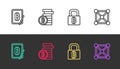 Set line Mining bitcoin from tablet, Bitcoin, Lock with and Blockchain technology on black and white. Vector Royalty Free Stock Photo