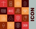 Set line Mining farm, Bitcoin think, Crossed pickaxe, Cryptocurrency, wallet, Pickaxe and Hand holding icon. Vector