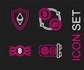 Set line Mining farm, Cryptocurrency bitcoin circle with microchip circuit, exchange and Shield Ethereum ETH icon
