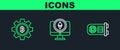 Set line Mining farm, Cryptocurrency coin Bitcoin and Monitor and Ethereum ETH icon. Vector