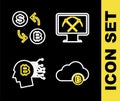 Set line Mining with monitor and pickaxe, Cryptocurrency cloud mining, Bitcoin plant the pot and Processor chip dollar