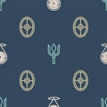 Set line Minotaur labyrinth, Greek shield and Neptune Trident on seamless pattern. Vector