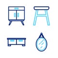 Set line Mirror, Chest of drawers, Chair and icon. Vector