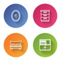 Set line Mirror, Furniture nightstand, Big bed and Library bookshelf. Color circle button. Vector