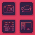 Set line Mirrorless camera, Binary code, Electric car and Computer monitor. Blue square button. Vector
