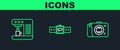 Set line Mirrorless camera, Coffee machine and Smartwatch icon. Vector