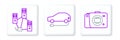 Set line Mirrorless camera, Computer network and Electric car icon. Vector