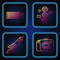 Set line Mirrorless camera, Rocket ship with fire, Keyboard and mouse and DNA symbol. Gradient color icons. Vector