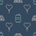 Set line Mixed punch in bowl, Balloon in form of heart and Beer can on seamless pattern. Vector