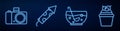 Set line Mixed punch in bowl, Photo camera, Firework rocket and Cake. Glowing neon icon on brick wall. Vector Royalty Free Stock Photo