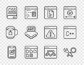 Set line Mobile Apps, Debugging, Software, Browser files, Books about programming, Processor, with shield and icon