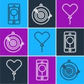 Set line Mobile with birthday message, Balloon in form of heart and Classic dart board and arrow icon. Vector Royalty Free Stock Photo