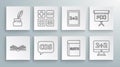 Set line Mobile calculator interface, Feather and inkwell, Tablet with, Triangle math, Graph, schedule, chart, diagram