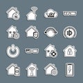 Set line Mobile charging battery, House under protection, Thermostat, Internet of things, Smart home, humidity and icon Royalty Free Stock Photo