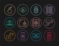 Set line Mobile with closed padlock, Security camera, Lock and check mark, Document, Laptop, Bomb ready explode, Safe Royalty Free Stock Photo