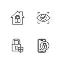 Set line Mobile with closed padlock, Shield security, House under protection and Eye scan icon. Vector Royalty Free Stock Photo
