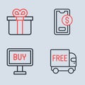 Set line Mobile with dollar, Buy button, Free delivery service and Gift box icon. Vector Royalty Free Stock Photo