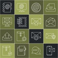 Set line Mobile and envelope, Envelope with shield, Outgoing mail, Mail e-mail, Postal stamp, Monitor, Address book and Royalty Free Stock Photo