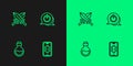 Set line Mobile gaming, Bottle with magic elixir, Sword for game and Power button icon. Vector Royalty Free Stock Photo