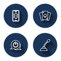 Set line Mobile gaming, Playing cards, Power button and Microphone with long shadow. Blue circle button. Vector