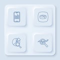Set line Mobile with graph, Pie chart infographic, Search data analysis and . White square button. Vector Royalty Free Stock Photo