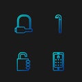 Set line Mobile and graphic password, Safe combination lock, Bicycle and Crowbar. Gradient color icons. Vector Royalty Free Stock Photo