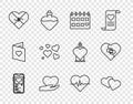 Set line Mobile with heart, Heart, Calendar, in hand, Candy shaped box, rate and Healed broken icon. Vector