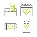 Set line Mobile with heart rate, Sports nutrition, Heart and Swimming pool ladder icon. Vector