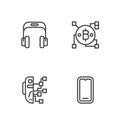 Set line Mobile phone, Humanoid robot, Headphones and Blockchain technology Bitcoin icon. Vector