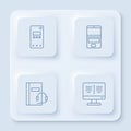 Set line Mobile phone, Laptop, Audio book and Online monitor. White square button. Vector