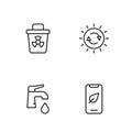 Set line Mobile phone with leaf, Water tap, Infectious waste and Solar energy panel icon. Vector Royalty Free Stock Photo