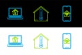 Set line Mobile phone with smart home with wi-fi, Laptop house and light bulb and House temperature icon. Vector