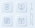 Set line Mobile phone, Smart Tv, No lightning and Car battery. White square button. Vector Royalty Free Stock Photo