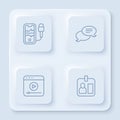 Set line Mobile recording, Speech bubble chat, Live stream and Journalist id card. White square button. Vector Royalty Free Stock Photo