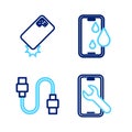 Set line Mobile service, USB cable cord, Waterproof phone and Shockproof icon. Vector Royalty Free Stock Photo