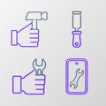 Set line Mobile service, Wrench spanner, Rasp metal file and Hammer icon. Vector