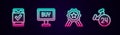 Set line Mobile shopping, Buy button, Stars rating and Telephone 24 hours support. Glowing neon icon. Vector