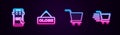 Set line Mobile and shopping cart, Hanging sign with Close, Shopping and . Glowing neon icon. Vector