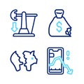 Set line Mobile stock trading, Broken piggy bank, Money bag and Drop crude oil price icon. Vector Royalty Free Stock Photo