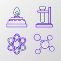 Set line Molecule, Atom, Test tube flask on stand and Alcohol or spirit burner icon. Vector