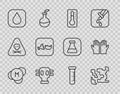 Set line Molecule, Gaseous, Medical thermometer, mask, Water drop, Broken flask, Test tube and and rubber gloves icon