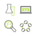 Set line Molecule, Magnifying glass, XYZ Coordinate system and Test tube and flask icon. Vector