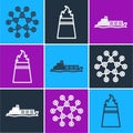 Set line Molecule oil, Oil tanker ship and Oil rig with fire icon. Vector