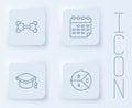Set line Molecule, School timetable, Graduation cap and Pie chart infographic. White square button. Vector