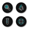 Set line Molecule, Test tube and flask, Virus and Microorganisms under magnifier icon. Vector