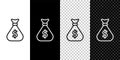 Set line Money bag icon isolated on black and white, transparent background. Dollar or USD symbol. Cash Banking currency Royalty Free Stock Photo